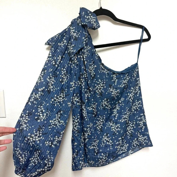 Ulla Johnson Enid Blue Floral One Shoulder Silk Blend Blouse  - Bow Asymmetrical - Picture 4 of 10